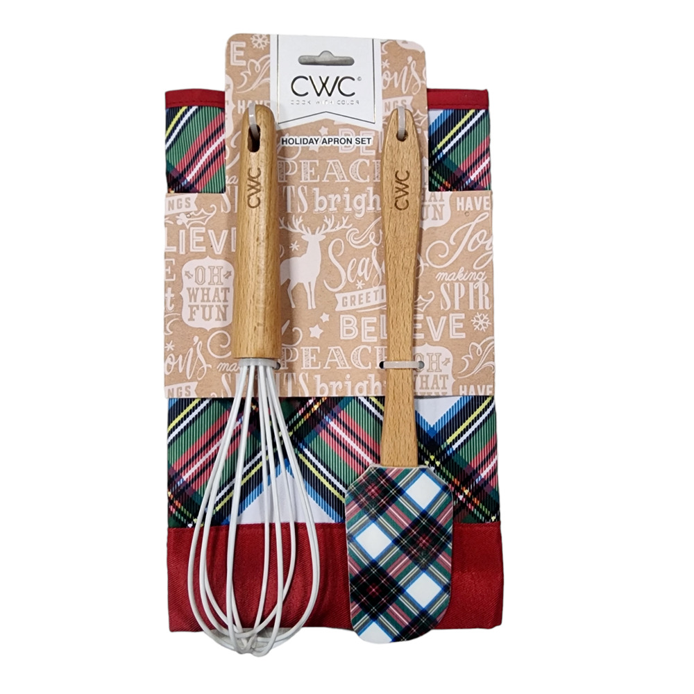 CWC Cook With Color Happy Holidays 3pc Baking Set Plaid Apron Spatula Whisk